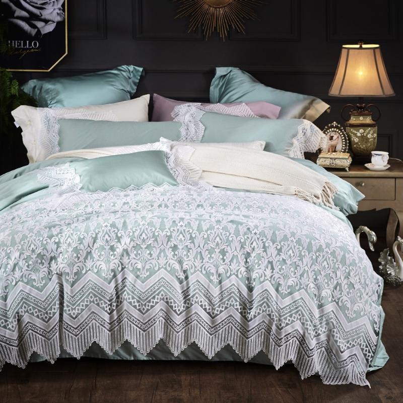 

Romantic Green 80S Egyptian cotton Bedding set Queen King Luxury Lace Edge Royal Duvet cover Bed sheet set Europe 4pcs, Color 3