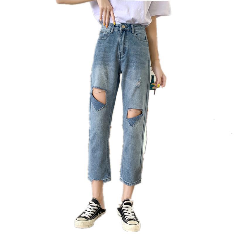 

Wholesale 2020 New autumn jeans women' loose denim pants high-waisted thin girls students' ripped straight ankle length pants, Blue