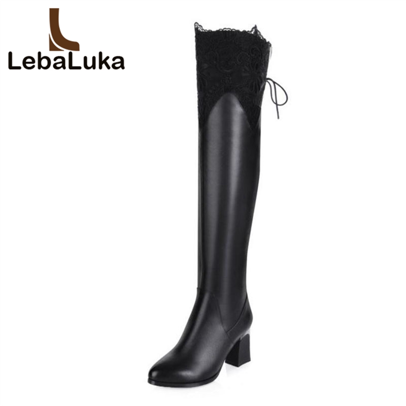 

Tuyoki New Women Over The Knee Boots Real Leather Fashion Shoes Women Lace Bowtie Fur Warm Winter High Heels Boots Size 33-42, Black
