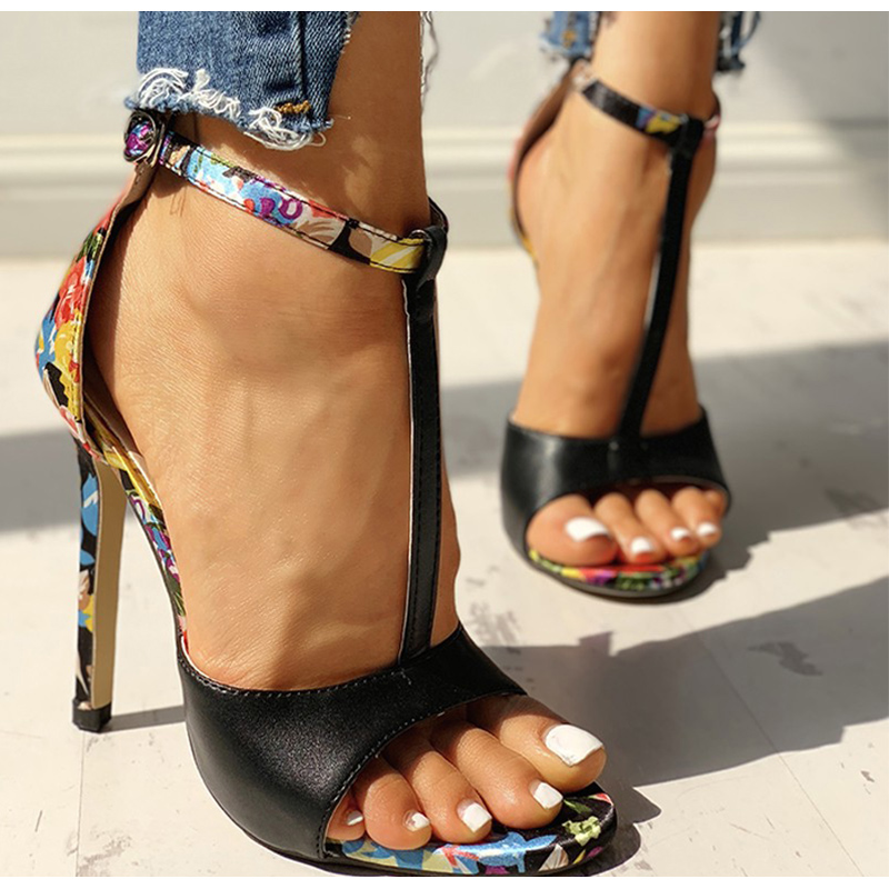 

Print T-tied Woman Sandals Ladies Two Piece High Heels Female Peep Toe Buckle Footwear For Party Women Thin Heels 2020, Apricot