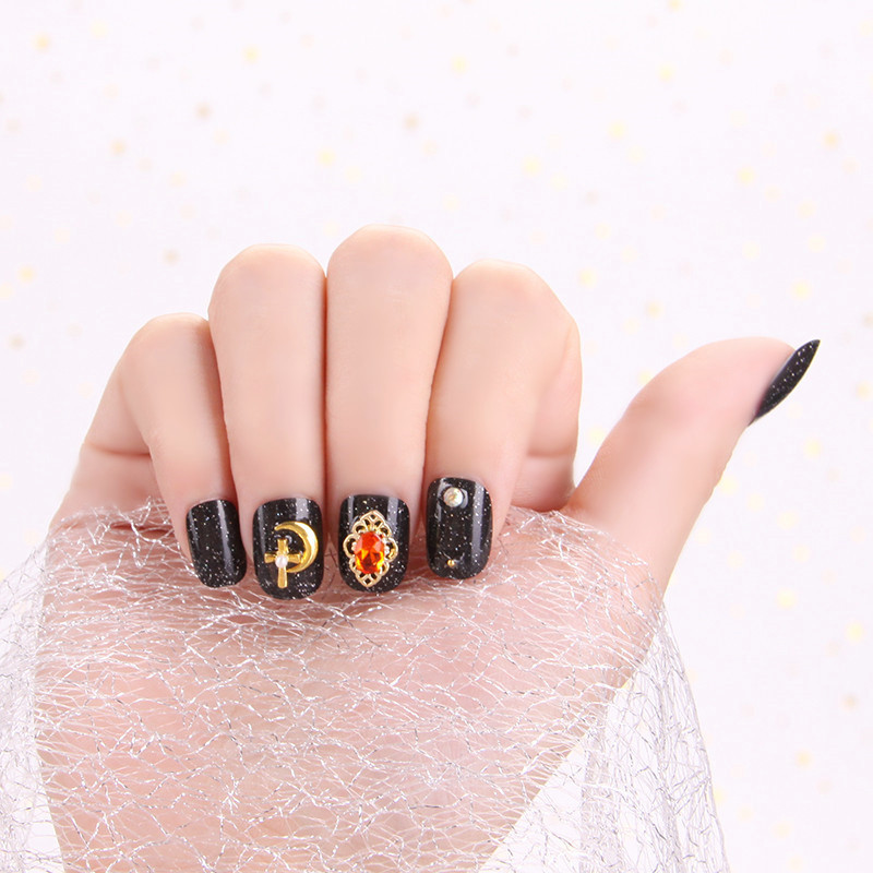 

free shipping 24pcs Black Color Shimmering Powder Inlay Diamond Cross Faux Small Pearl Decor Short Wearable Fake Nails press on, As