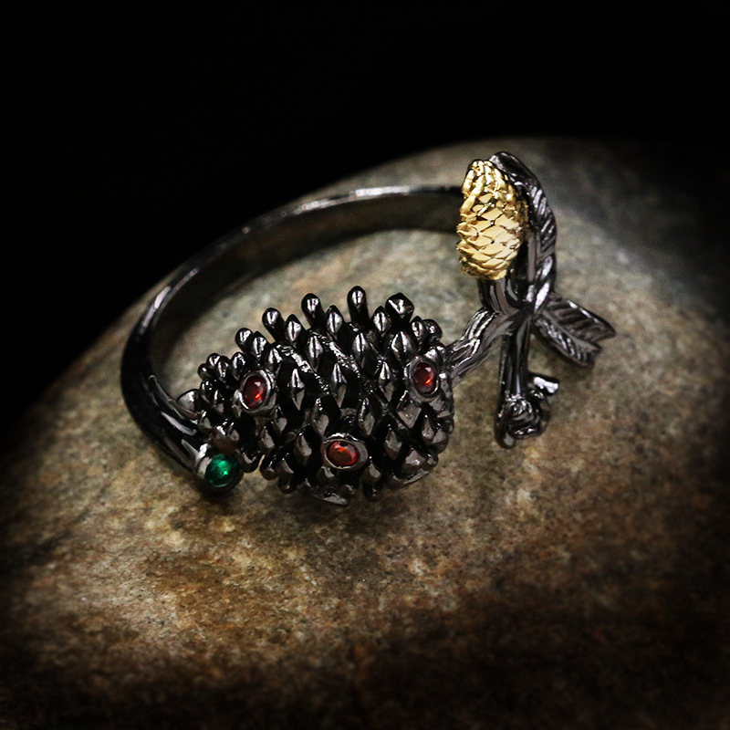 

CHARLINLIOL Antique Design 925 Sterling Silver Ruby Bud Stamen Rings for Women Vintage Wedding Black Gold Ring Italy Jewelry