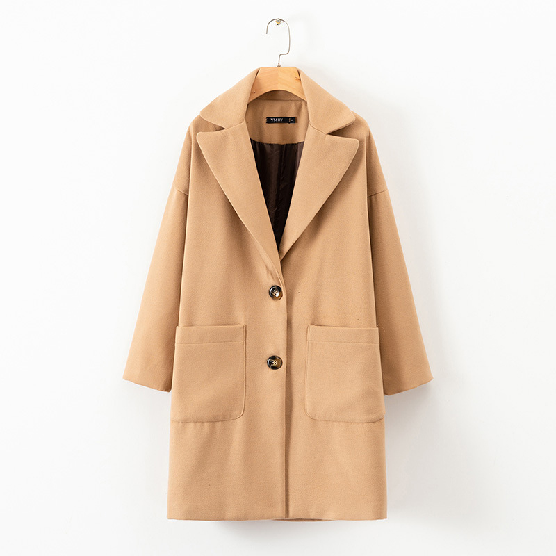 

2020 Autumn and Winter Women' Long Coat Thick Warm Suit Lapel Large Pocket Two Buckle Loose Long Sleeves without Caps Coat, Light tan