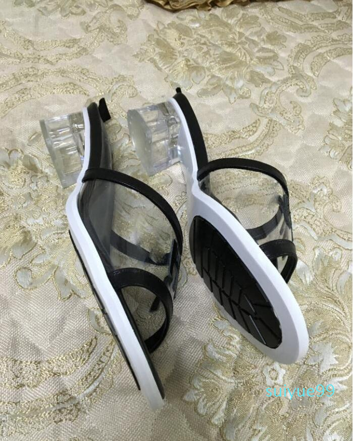 

2020 Hot selling women's fashion PVC short heels sandals office lady casual cool summer holiday beach heels shoe lady black big size 38 41