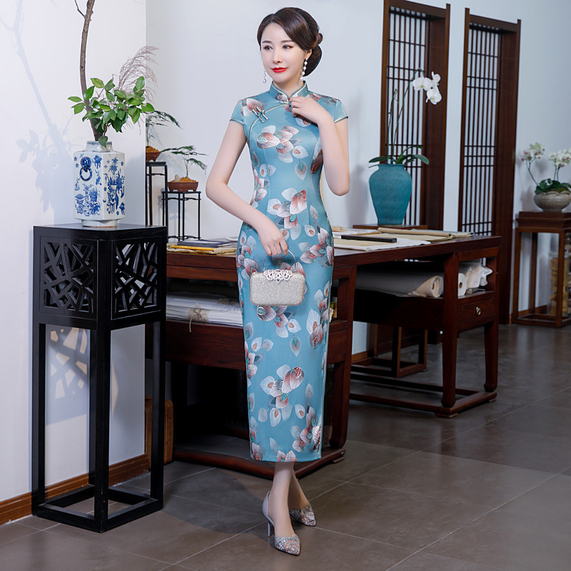 

Summer New Retro Improvement Short-sleeved Silk Chinese Style Slim Print Cheongsam Dress Plus Size M-4XL