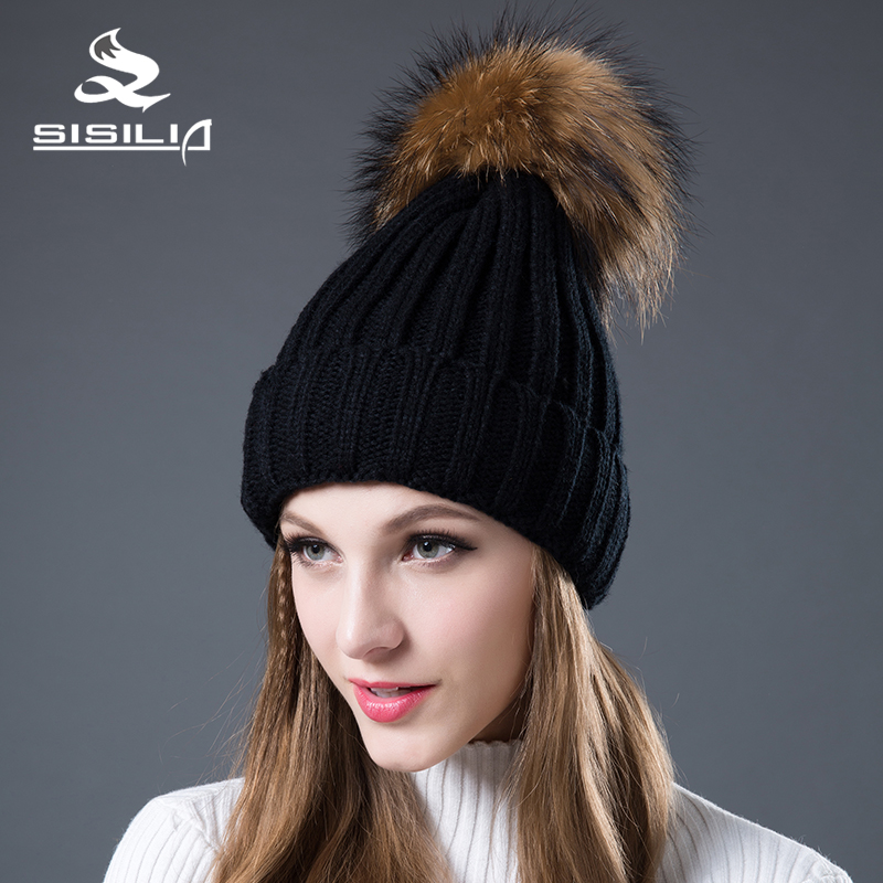 

SISILIA 2020 New Women's Hats With Raccon& Fur Hat Pom Poms Winter Hats Multiple Colour Knitted Cotton Beanies Female Cap, Black