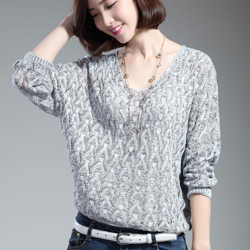 

Blackday Autumn Women V Neck Sweater Pullover Casual Long Sleeve Fashion Hollow Out Sweater Woolen Knitted Bat Sleeve Sweaters New, Dark grey