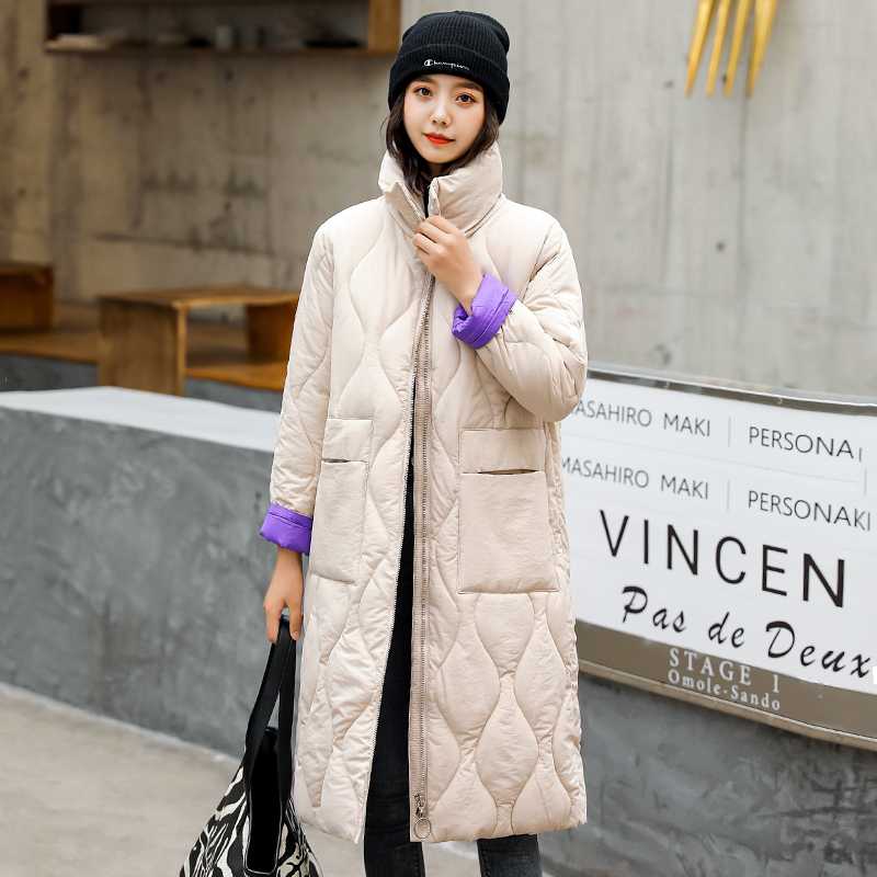 

Women's Winter Jacket Stand Collar X-long Parkas Woman Cotton Padded Solid Casual Plus Size Loose Thick Overcoat Female Coats, Beige