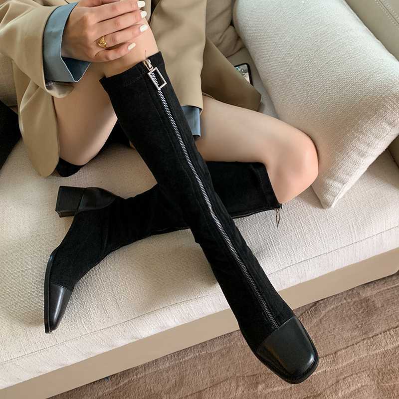 

Sexy Retro Genuine Leather ladies Knee high Boots Thick high Heels zippers women boots Winter Newest Party Dancing Shoes Woman, Khaki