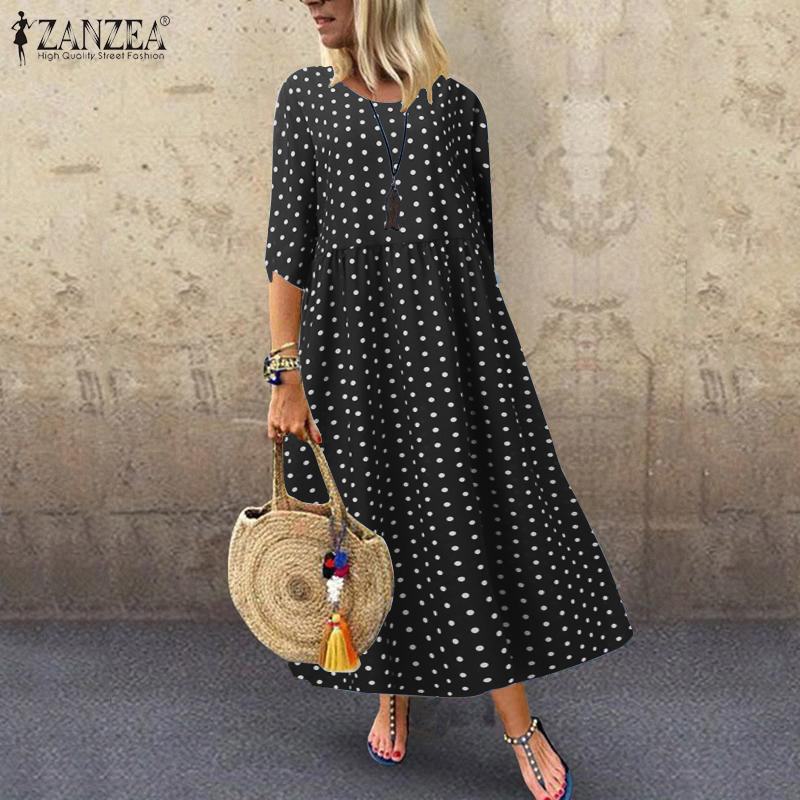 

ZANZEA Bohemian Printed Maxi Dress Women's Spring Sundress Summer Polka Dot Tunic Vestidos Female 3/4 Sleeve Robe Dresses Femme, Black