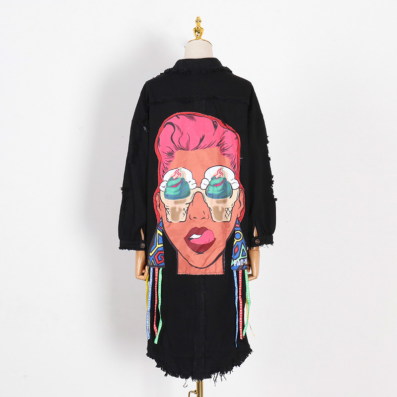 

Print Cartoon Women's Windbreaker Lapel Collar Long Sleeve Patchwork Tassel Hollow Out Denim Trench Coats 2020 Tide, Black