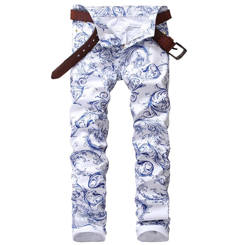 

Men's Fashion 3D Pattern Slim Skinny Printed Jeans Blue White Stretch Denim Pants Teenagers Over Flowers, 5641