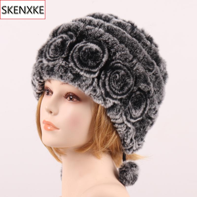 

Hot Sale Winter Women Flowers Striped Natural Real Rex Fur Hats Lady Warm Knit Genuine Fur Caps Russian Outdoor Hats, Grey