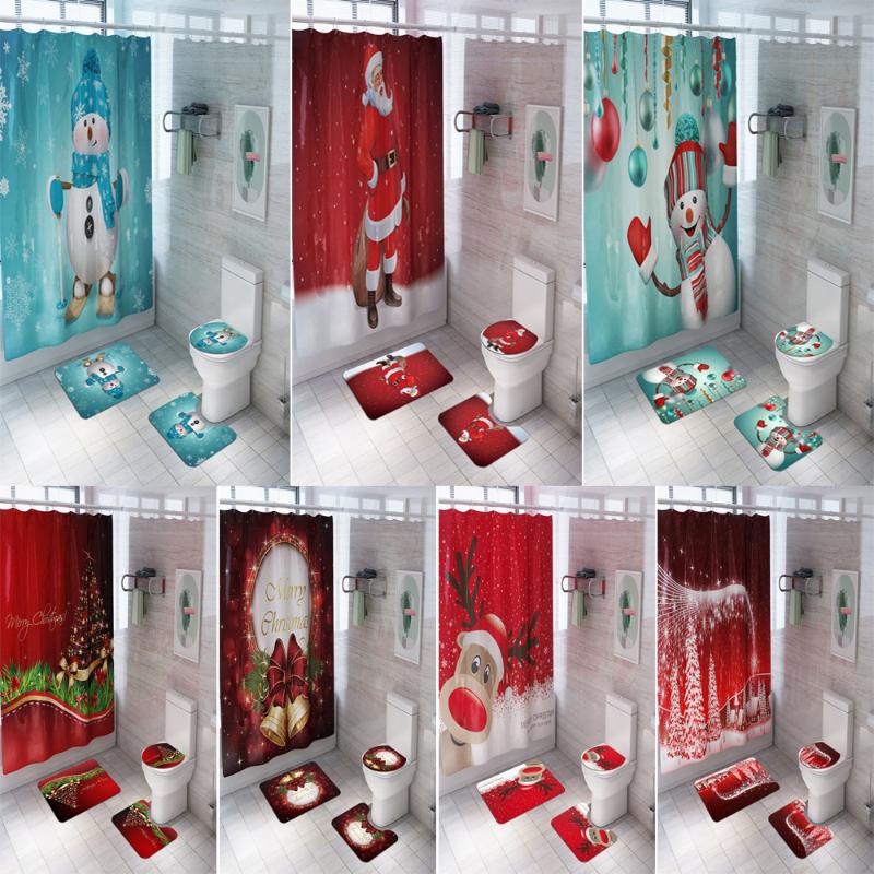 

Merry Christmas Bathroom Set Snowman Santa Claus Elk Pattern Waterproof Shower Curtain Toilet Cover Mat Non Slip Rug Home Decor