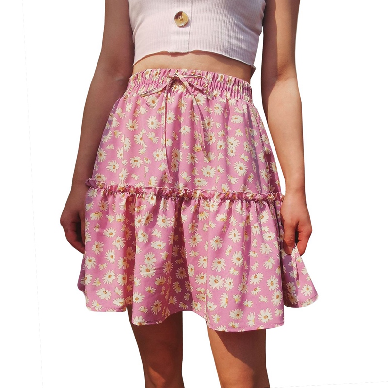 

Summer Women's Floral Short Skirt Small Daisy Print Pleated Skirt Cute Sweet Short Pink  Size