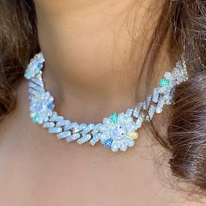 

Iced out women cuban choker new high quality 12mm micro pave cz miami cuban link chain smile flower out necklace