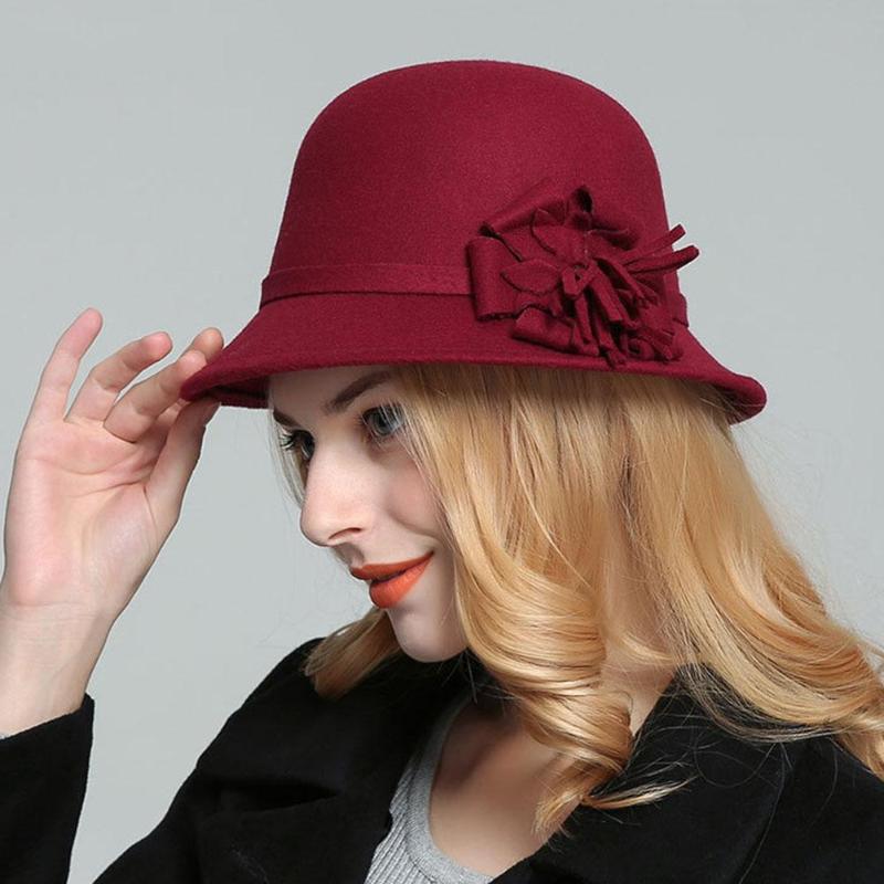 

New Fashion Vintage Women Ladies Wool Fedora Hat Bucket Dome Bell Bow Felt Hats Women Cap Hats Hat 6 color, Red