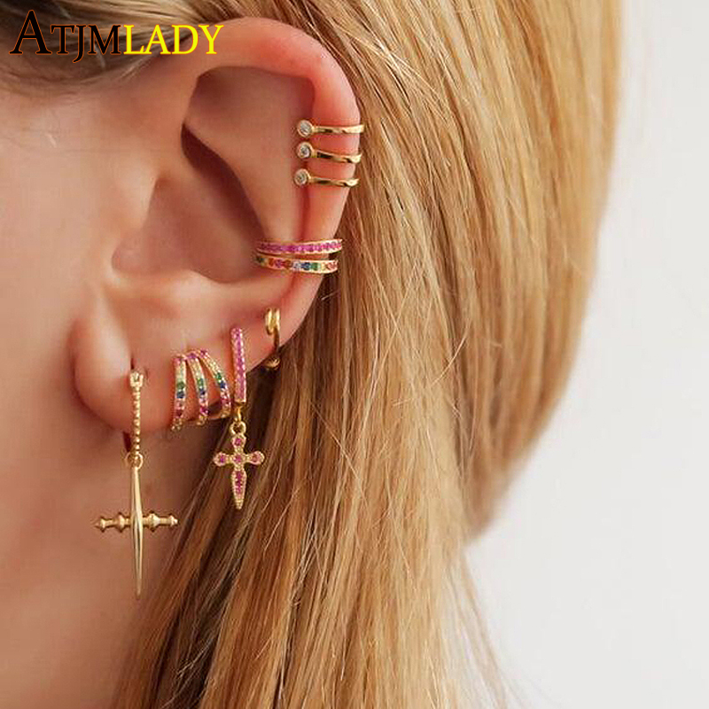 

2020 new 925 Sterling Silver Lucky sword & Faith Cross Clear CZ Drop Earrings for Women Fashion Silver Earring Jewlery