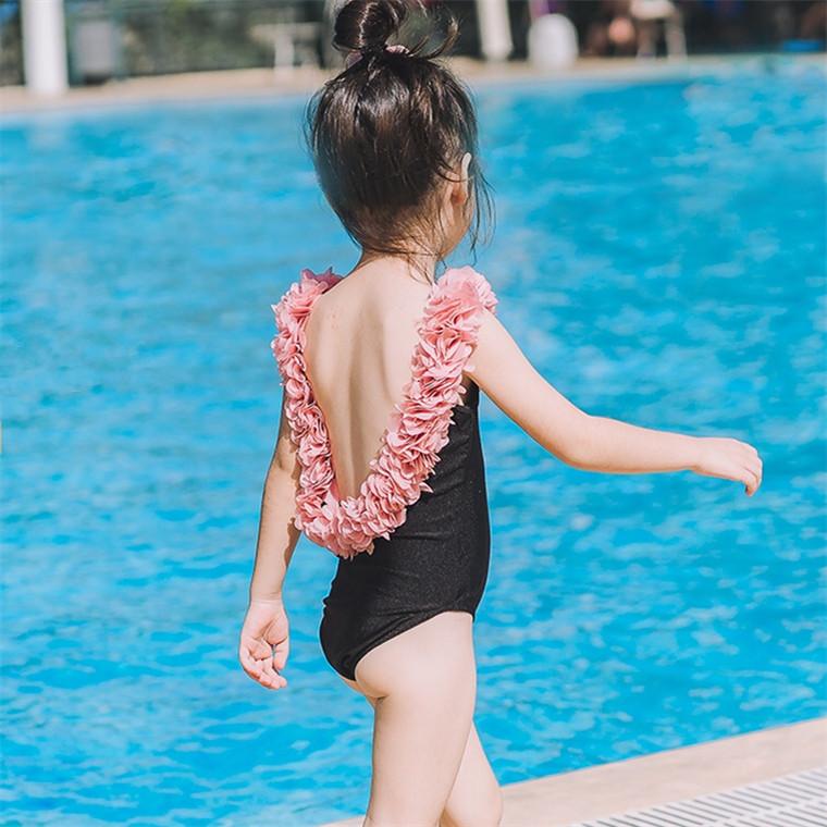 INS Girls Flower Back Retro wetsuit Designer One-piece Swimsuit Fashion Children Three-dimensional Petals Sling Beach Holiday Swimsuit-image-565328867