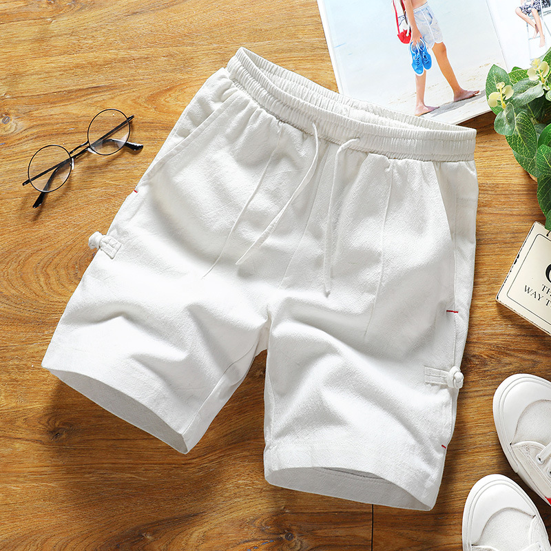 

Cotton Linen Shorts Men'S Korean-Style Casual Loose Flax Chinese-Style Retro Frog Sports Beach Shorts-40, White