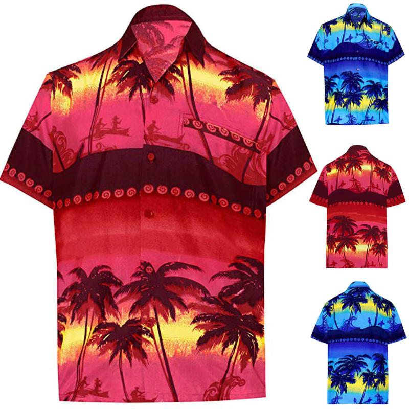 

2020 Summer hawaiian Shirt Men's Button Hawaii Print Beach Short Sleeve Fake Pocket Quick Dry Top Blouse Camisas Hombre