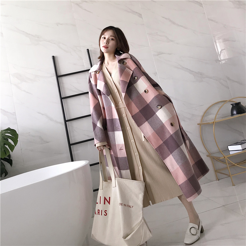 

Winter Coat Women 100% Wool Coat Women Korean Plaid Double Sided Long Jacket for Clothes 2020 Casaco XW006 YY955, Blue