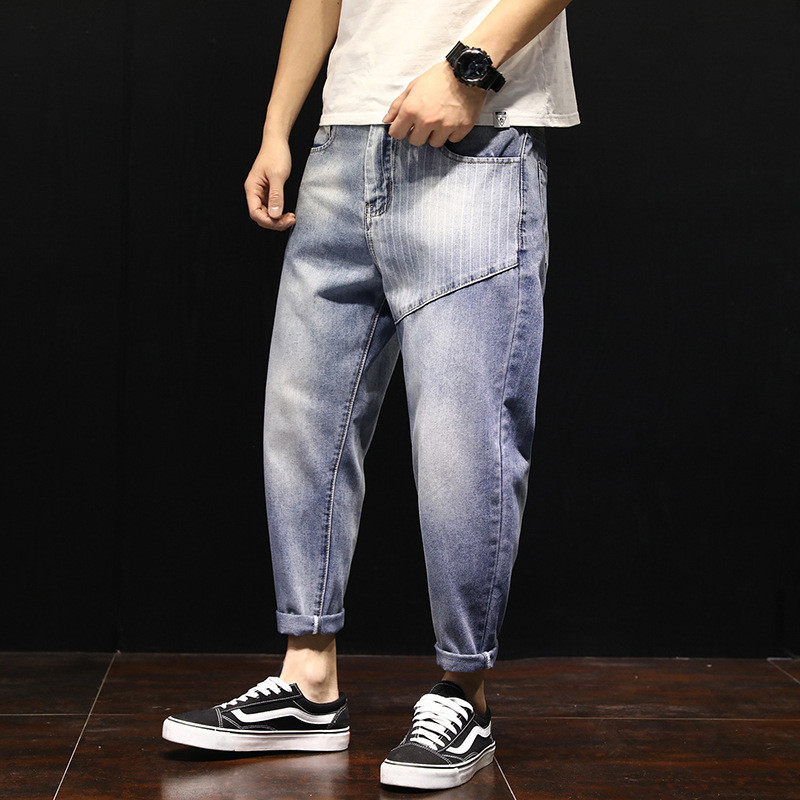 

New Summer Fashion Men's Jeans Thin Loose Hip-hop Holes Ripped Striped Ankle-Length Denim Harem Pants with Big Pocket Streetwear, Blue