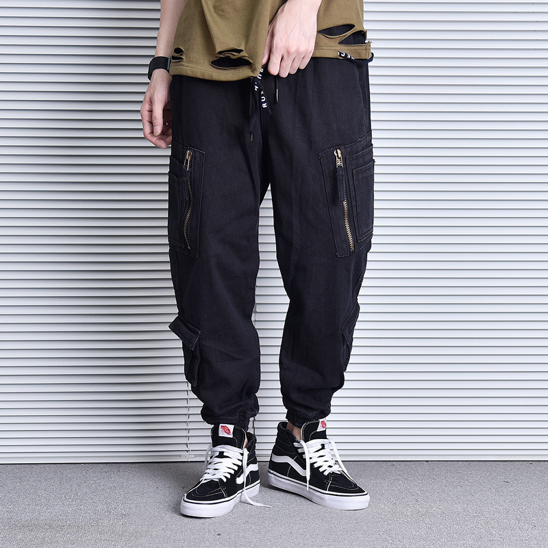 

Japanese Fashion Designer Men Jeans Loose Multi Pocket Cargo Pants Wide Leg Harem Trousers Streetwear Hip Hop Jeans Men Joggers, Black