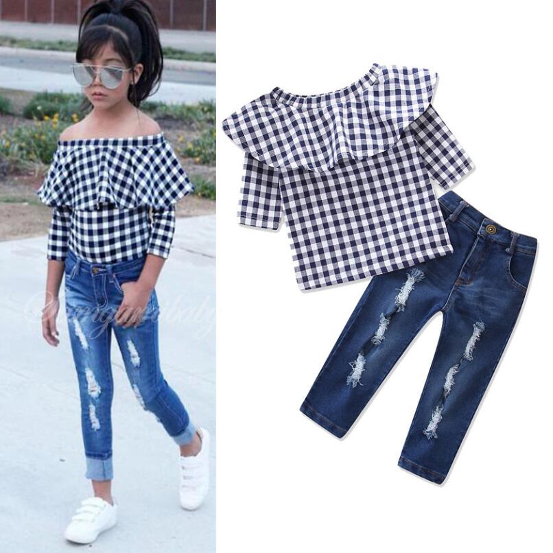 

1 - 6 Years Girls Clothing Set New Summer Fashion Kids Suits Plaid off-the-shoulder shirt + Hole Jeans 2pcs Girls clothes Childr, Picture