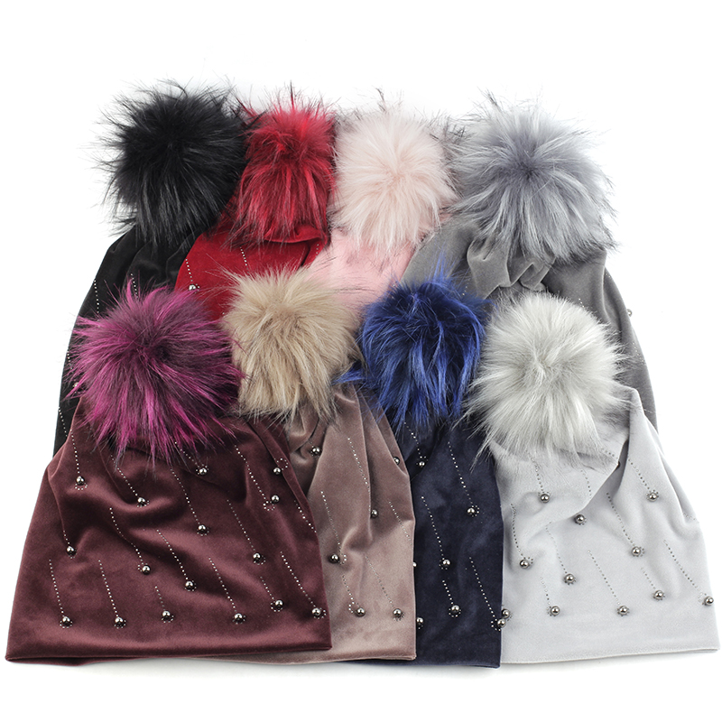 

Women Fashion Adult Pearl Beanie Hat With 15cm Faux Fur Pompom Hairball Skull Cap For Woman Girls Winter Warm Soft Lady Caps, Black 16