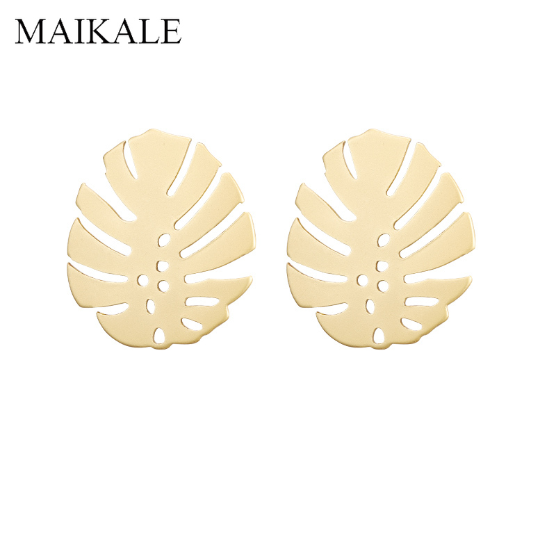 

MAIKALE Gold Metal Hollow Leaves Stud Earrings Bohemian Palm Leaf Beach Earrings for Women Geometric Fashion Jewelry