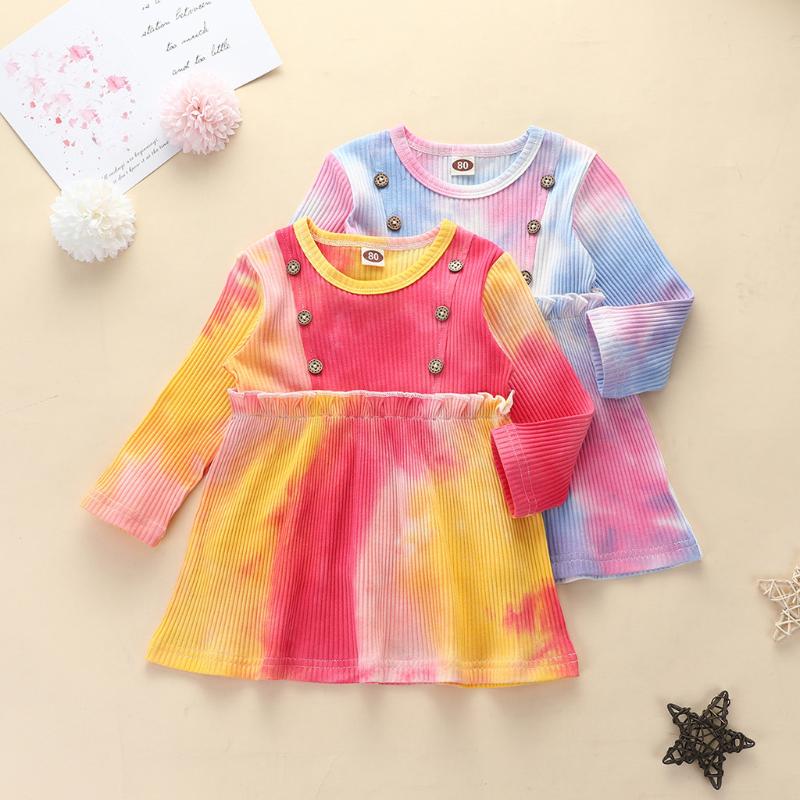 

Tie-Dye Print Toddler Kids Dress Baby Girls Long Sleeve Knit Buttons Princess Dress Outfits children Girls Casual Dresses, Blue
