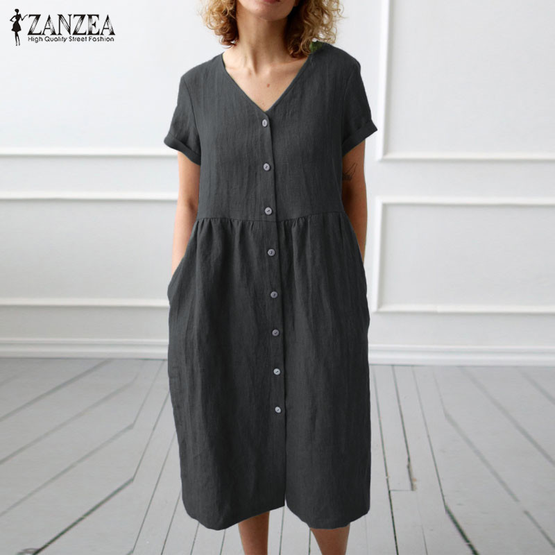 

Plus Size Women' Linen Shirt Dress Summer Sundress 2020 ZANZEA Fashion Casual Party Dress Female V Neck Sarafans Vestidos 5XL, Light green