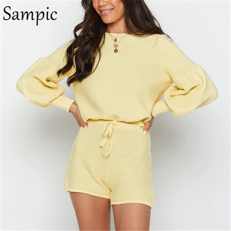 

Sampic Women Fashion White O Neck Long Sleeve Suit Knitted Sweater Tops And Bodycon Shorts Two Piece Set Outfits Lounge Wear T200814, Mintgreen