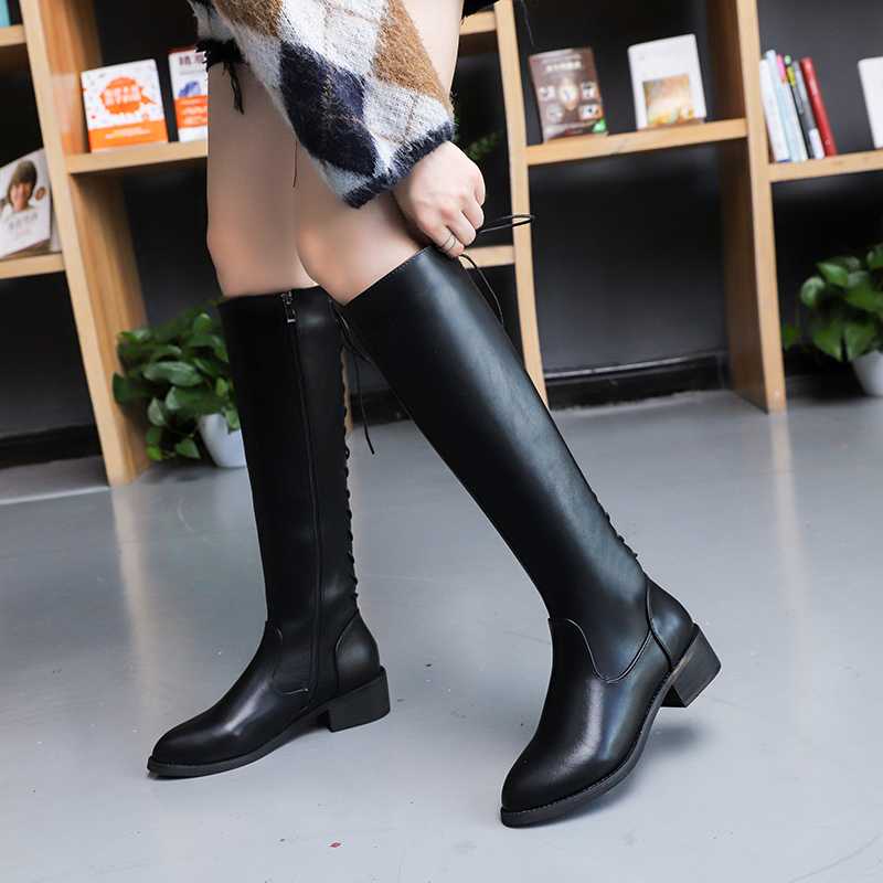 

Lucyever Fashion Cross-tie Low Heels Long Boots Women Autumn Winter 2020 PU Leather Knee High Boots Woman Black Brown Botines