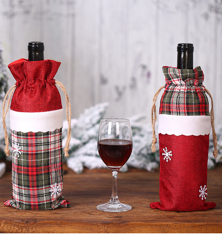 

New Christmas decorations linen red wine cover Christmas gift lattice wine bottle bag hotel home table supplies