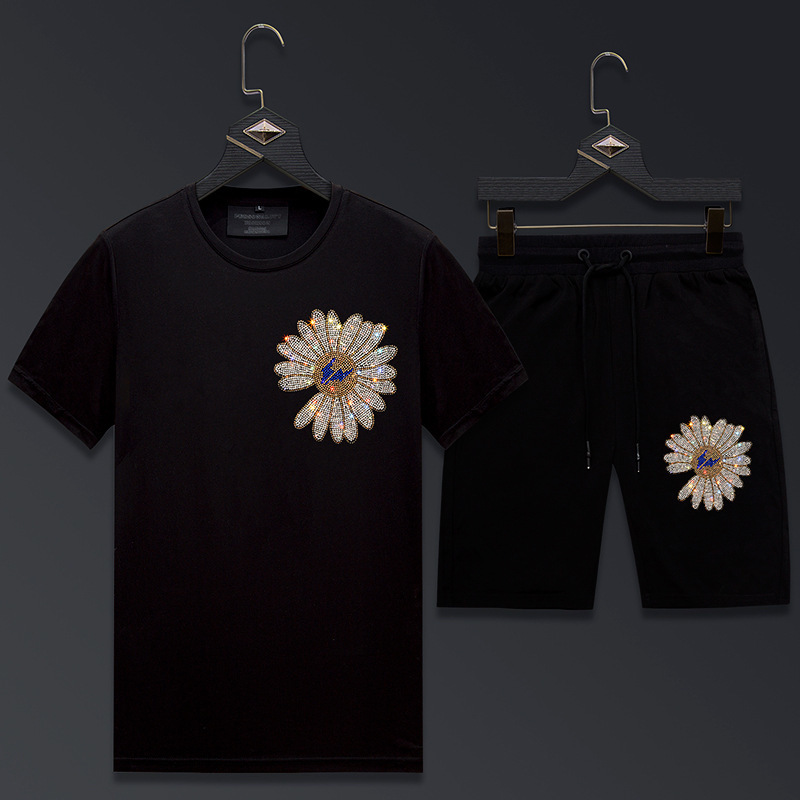 

Men's suit with handsome trendy hot diamond short-sleeved T-shirt men's Tencel thin casual shorts men's summer, White