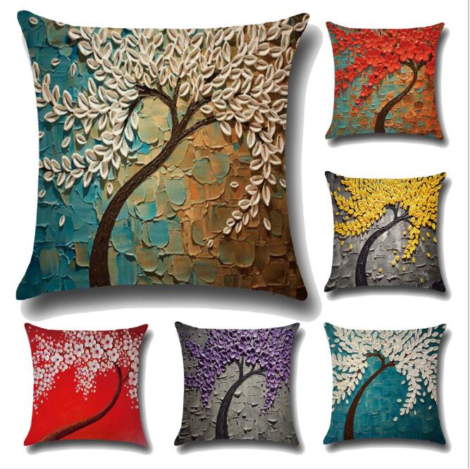 

3D Stereo Oil Painting Trees Boster Case Multi Flowers Cotton And Linen Sofa Cushion Cover Pillow Case Bedding Supplies HA1165