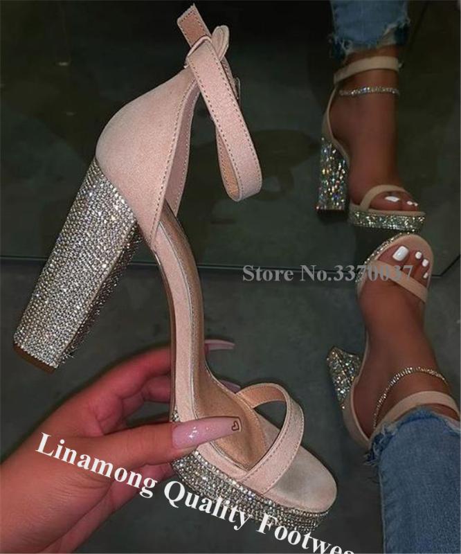 

Linamong Bling Bling Rhinestone Chunky Heel Platform Gladiator Sandals PInk Black Crystals Thick High Heel Sandals Wedding Heels, As picture