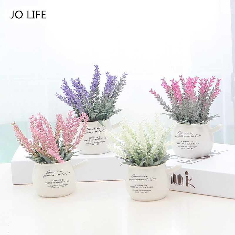 

JO LIFE Home Office Wedding Decoration Artificial Flower Bouquet Ceramic Flower Pot Mini Artificial Lavender Bonsai, Pink
