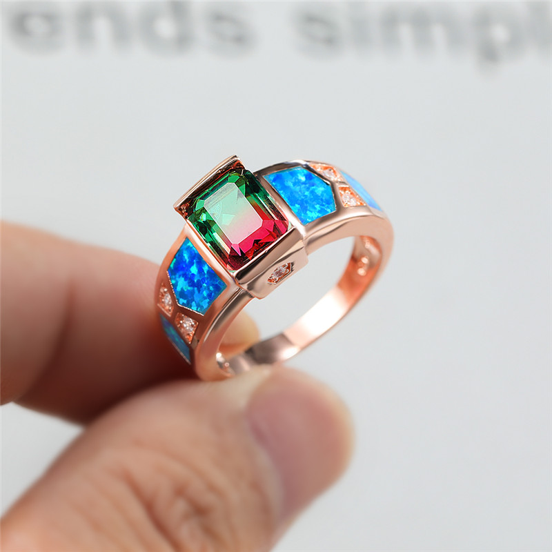 

Charming Red Green Crystal Rainbow Gradient Zircon Rings For Women Vintage Fashion Rose Gold Blue Fire Opal Ring Wedding Jewelry