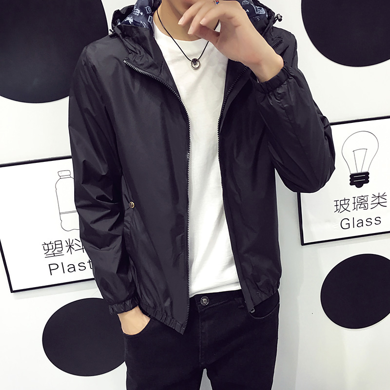 

Korean youth fall casual hooded jacket men's fashion jacket student jacket thin slim autumn men, Black