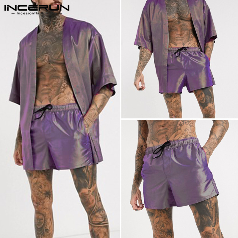 

INCERUN Fashion Men Pajamas Sets Open Stitch Half Sleeve Cardigan Drawstring Shorts Homewear Mens Sets Chic Shiny Nightwear Suit T200813, Light purple