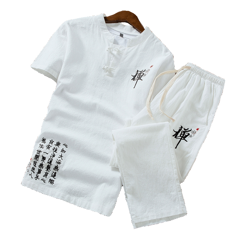 

Cotton and linen short-sleeved men tshirt and drawstring strap Ankle Length pants Chinese style summer men two-piece set, Black