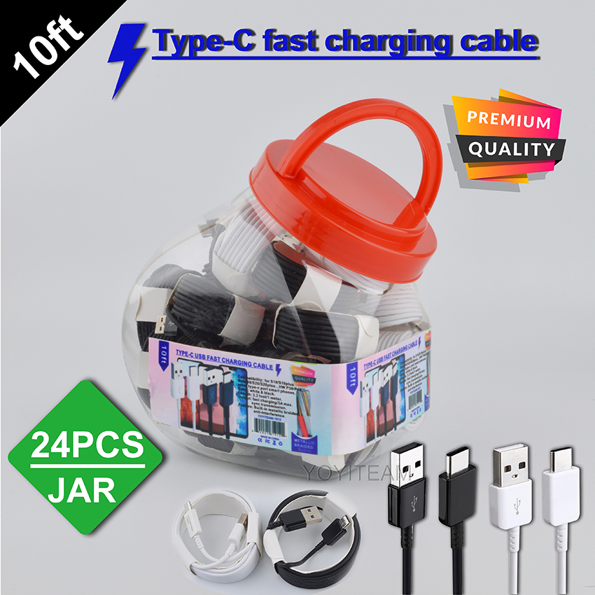 

fast charging cable type-c usb wire with plastic jar 3A max support quick charge for S8 S10 S20 P40 all smart phone high quality 10ft cable, Only white