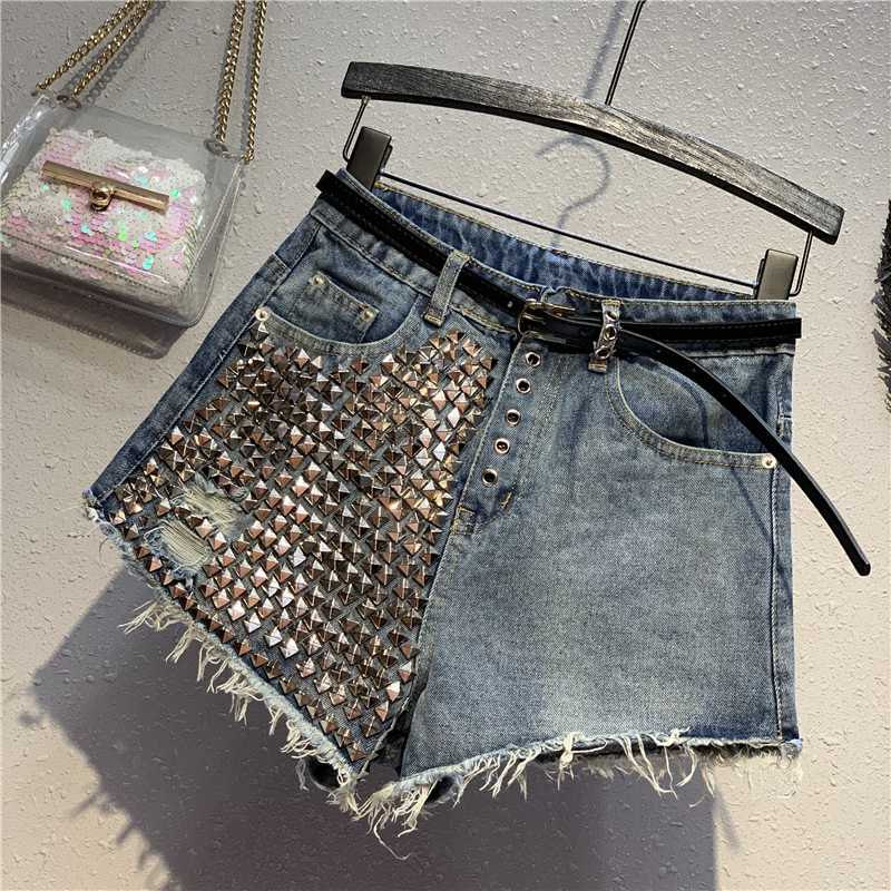 

2020 Shorts Straight Zippers Pockets Button Rivet Ripped Washed High Waist Jeans Woman Softener Regular Punk Style Cotton, Blue