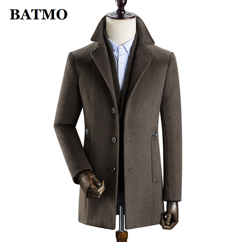 

BATMO 2020 new arrival winter high quality wool thicked trench coat men,men's wool thicked jackets ,k627, Black