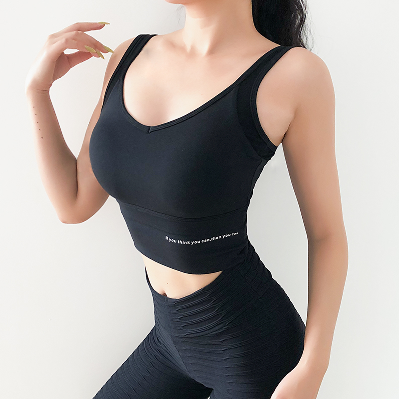 

Antibom Seamless Gym Bra with Pad Push Up Yoga Crop Top Women Fitness Sports Vest Letter Printed Mesh Patchwork Tank Breathable, Black