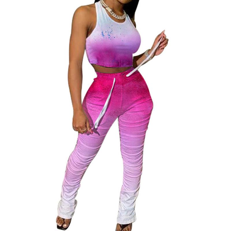 

2020 Women Clothes Sleeveless Camis Elastic Leggings Two 2 Pieces Set Summer Women Fashion Stretchy Casual Set, As photo shows