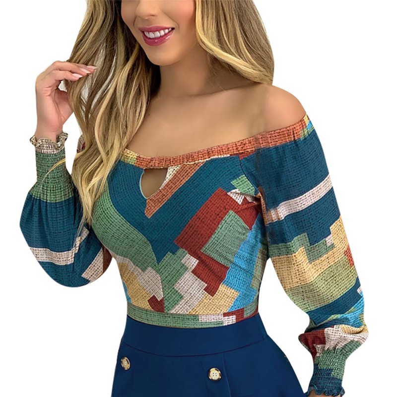 

Fashion Slim T-Shirts Autumn Off Shoulder Top Shirts Women Long Sleeve Print Short T-Shirts